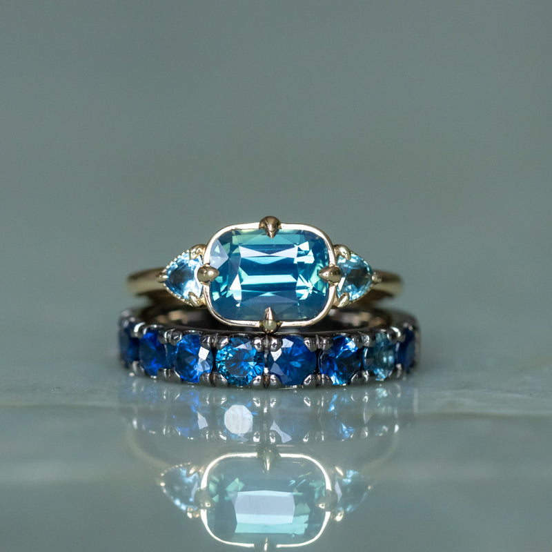 2.53ct Untreated Glowy Teal Cushion Cut Sapphire and Trillion Sapphire Antique Compass East-West Set Low Profile Ring in 14k Yellow Gold