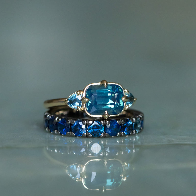 2.53ct Untreated Glowy Teal Cushion Cut Sapphire and Trillion Sapphire Antique Compass East-West Set Low Profile Ring in 14k Yellow Gold