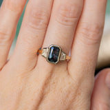 2.02ct Untreated Radiant Cut Color Shifting Sapphire and White Diamond Three Stone Bezel Set Ring in 14k Yellow Gold