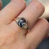 2.02ct Untreated Radiant Cut Color Shifting Sapphire and White Diamond Three Stone Bezel Set Ring in 14k Yellow Gold