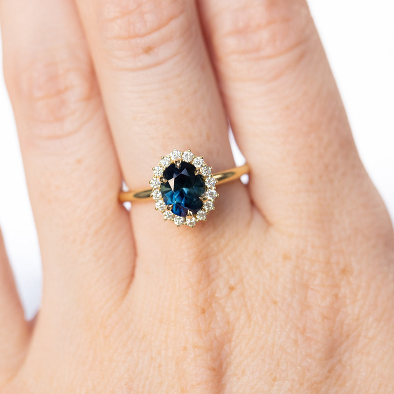 1.76ct Deep Teal Oval Untreated Nigerian Sapphire Antique-Style Diamond Halo Ring in 18k Yellow Gold