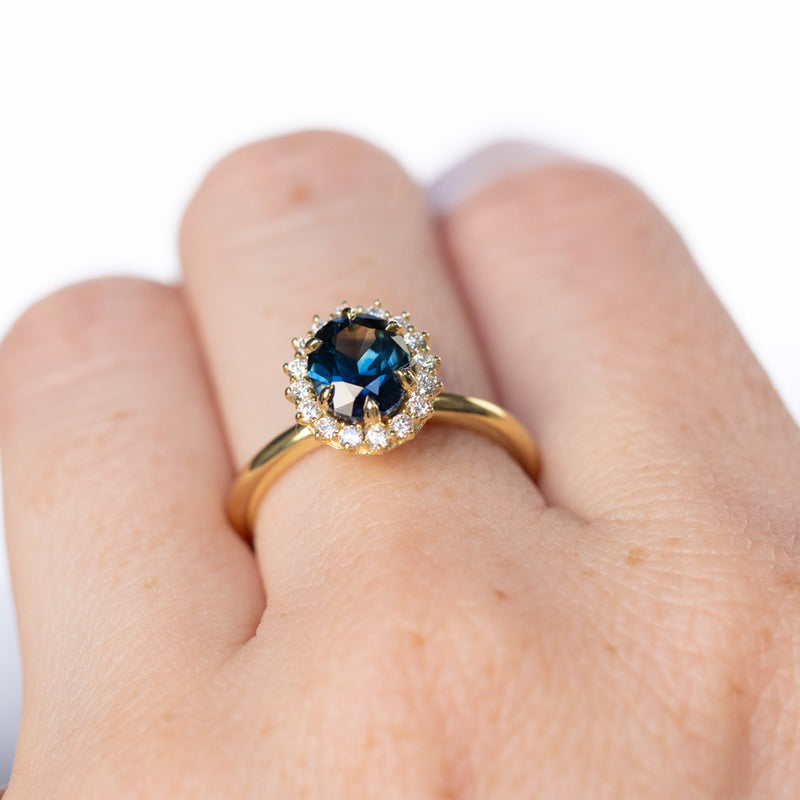 1.76ct Deep Teal Oval Untreated Nigerian Sapphire Antique-Style Diamond Halo Ring in 18k Yellow Gold