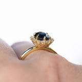 1.76ct Deep Teal Oval Untreated Nigerian Sapphire Antique-Style Diamond Halo Ring in 18k Yellow Gold