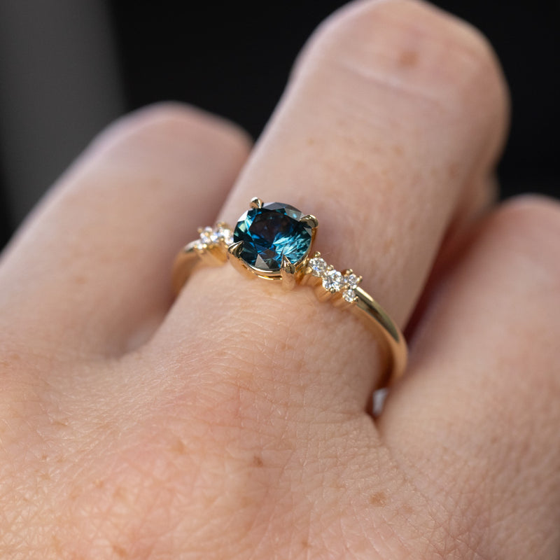 1.14ct Deep Teal Round Montana Sapphire and Diamond Starry Night Low Profile Solitaire in 14k Yellow Gold