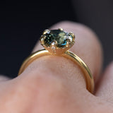 2.25ct Precision Cut Round Teal Green Montana Sapphire Scallop Cup Solitaire in 18k Yellow gold with hidden Diamonds