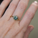 2.25ct Precision Cut Round Teal Green Montana Sapphire Scallop Cup Solitaire in 18k Yellow gold with hidden Diamonds