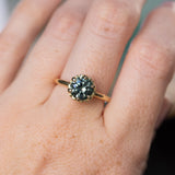 2.25ct Precision Cut Round Teal Green Montana Sapphire Scallop Cup Solitaire in 18k Yellow gold with hidden Diamonds