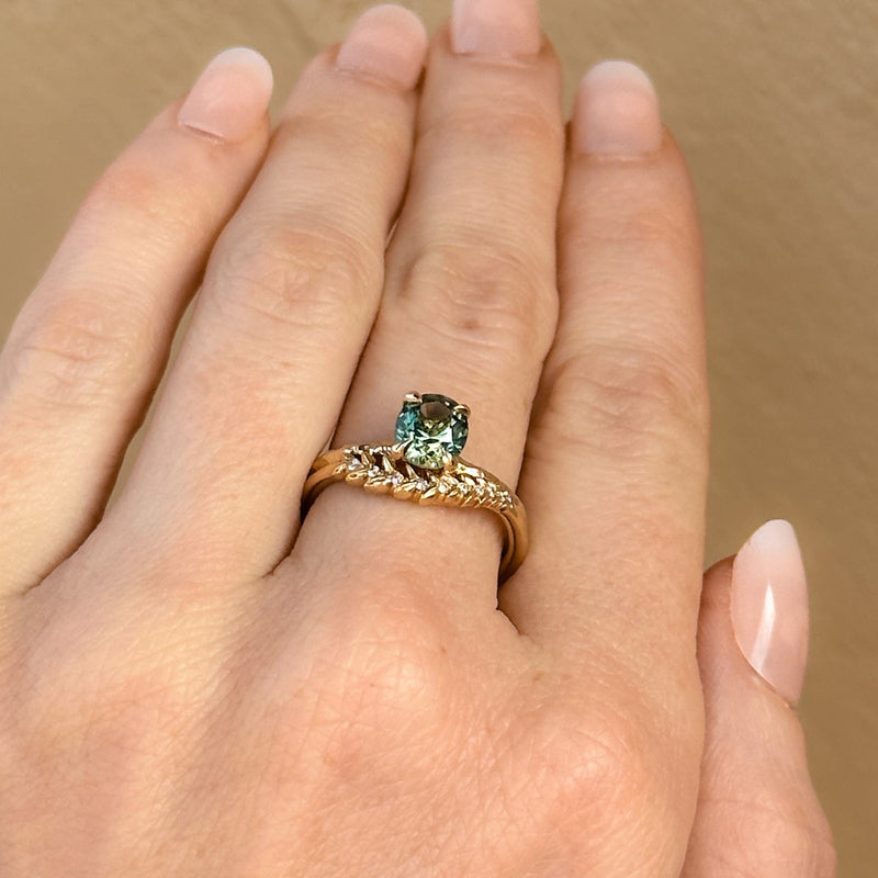 1.52ct Precision Cut Teal Green Oval Montana Sapphire Evergreen Carved Solitaire in 14k Yellow Gold