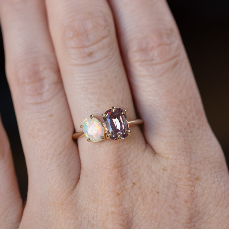 Toi Et Moi 1.84ct Cushion Rose Garnet and Opal Ring in 14k Yellow gold