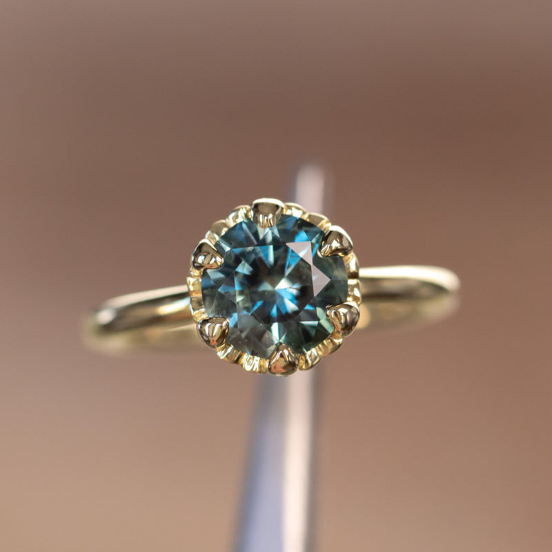 2.25ct Precision Cut Round Teal Green Montana Sapphire Scallop Cup Solitaire in 18k Yellow gold with hidden Diamonds