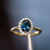 1.76ct Deep Teal Oval Untreated Nigerian Sapphire Antique-Style Diamond Halo Ring in 18k Yellow Gold