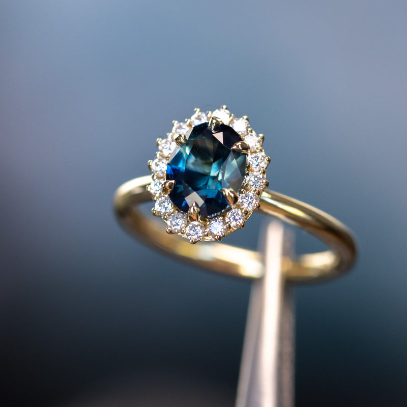 1.76ct Deep Teal Oval Untreated Nigerian Sapphire Antique-Style Diamond Halo Ring in 18k Yellow Gold