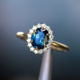 1.76ct Deep Teal Oval Untreated Nigerian Sapphire Antique-Style Diamond Halo Ring in 18k Yellow Gold