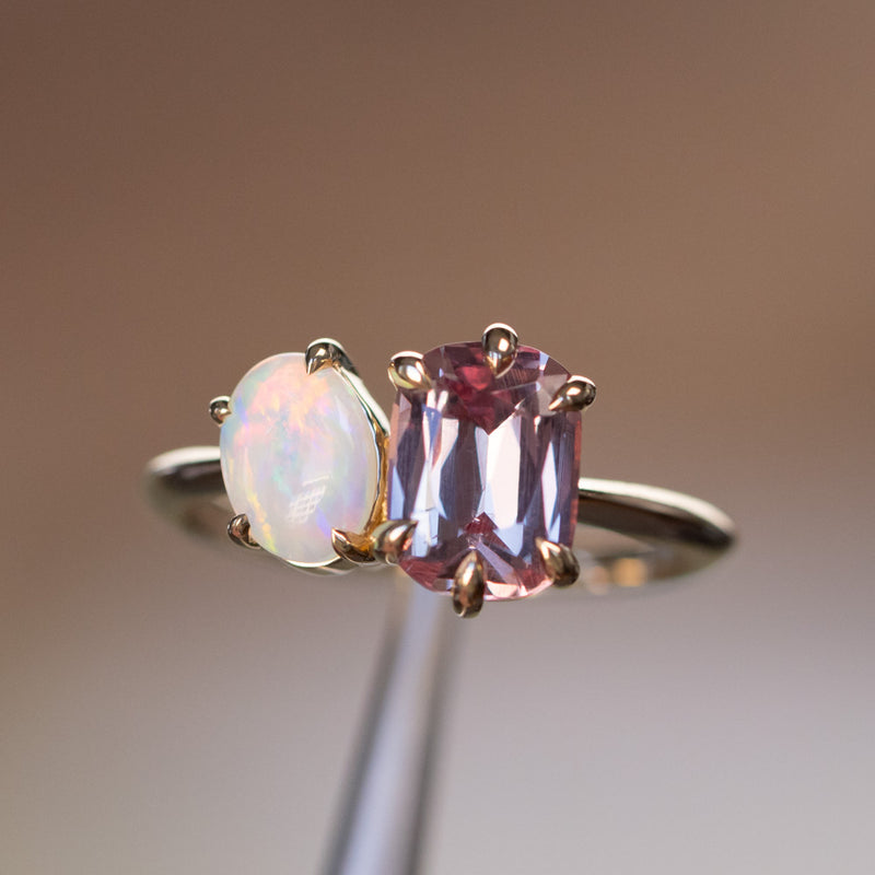 Toi Et Moi 1.84ct Cushion Rose Garnet and Opal Ring in 14k Yellow gold