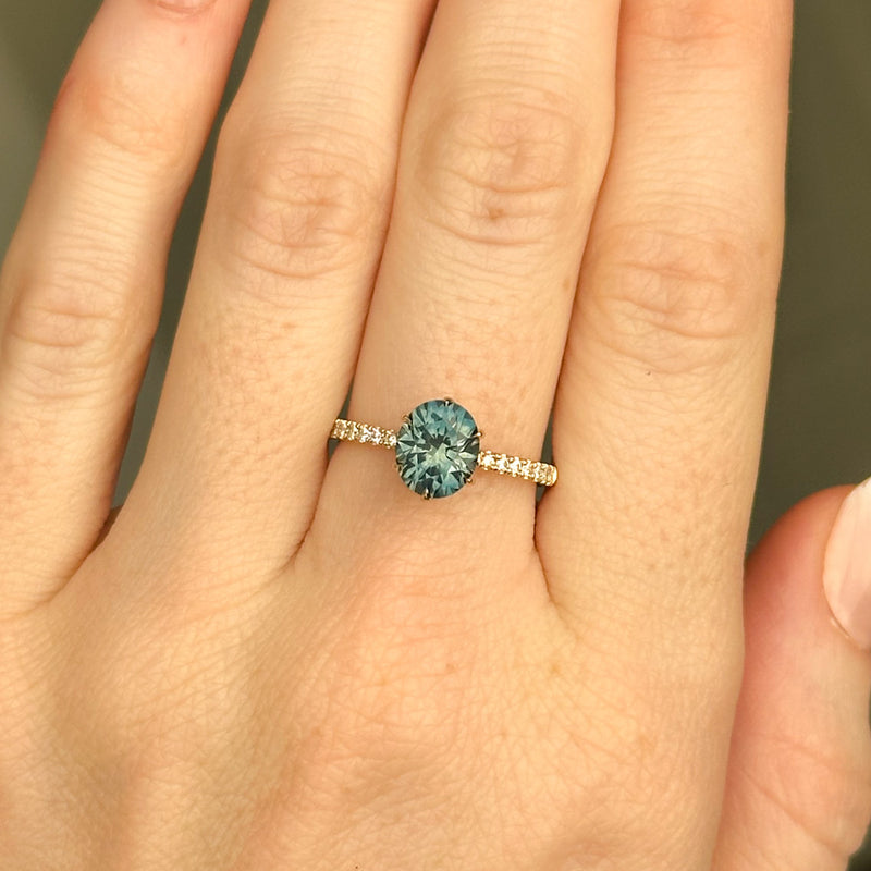 1.94ct Precision Cut Teal Oval Montana Sapphire Lotus Six Prong Solitaire with Diamonds in 14k Yellow Gold