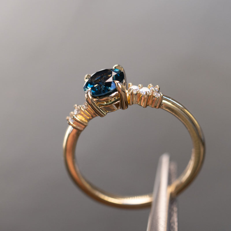 1.14ct Deep Teal Round Montana Sapphire and Diamond Starry Night Low Profile Solitaire in 14k Yellow Gold