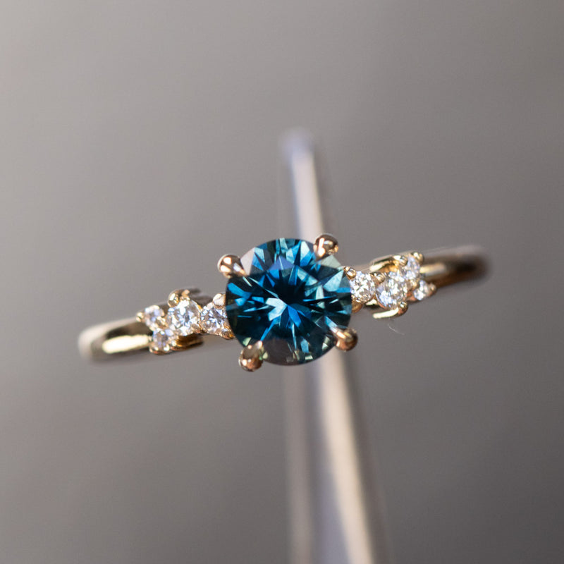 1.14ct Deep Teal Round Montana Sapphire and Diamond Starry Night Low Profile Solitaire in 14k Yellow Gold