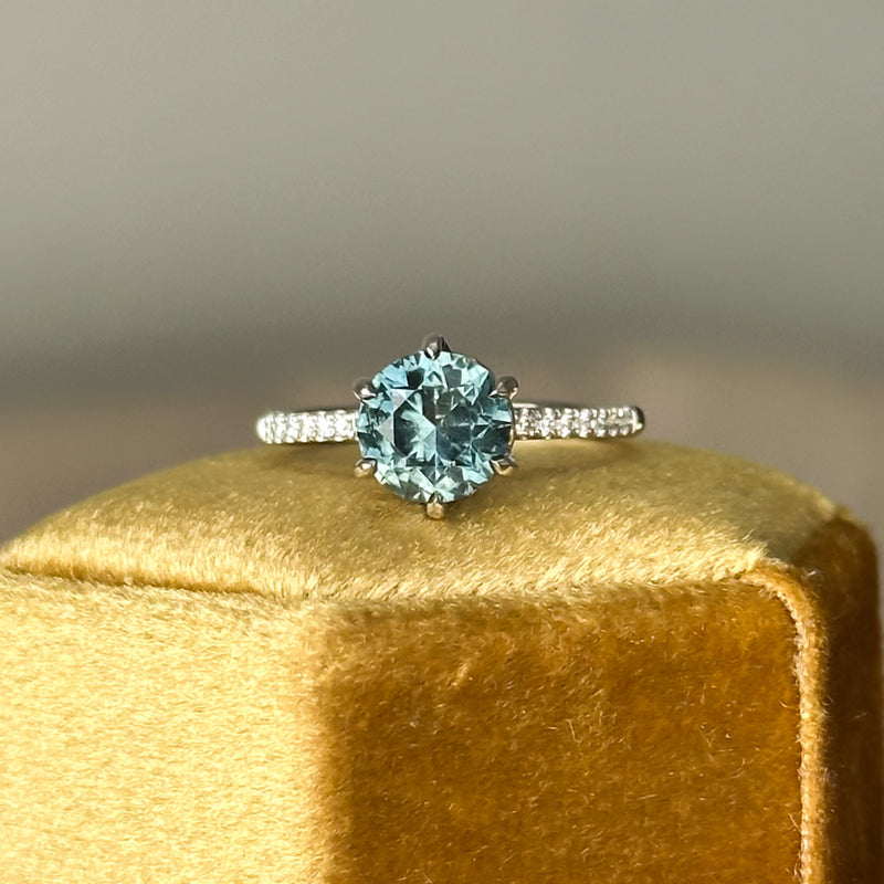 2.14ct Color Shifting Teal Sapphire Lotus Six Prong Solitaire with Diamonds in 14k White Gold