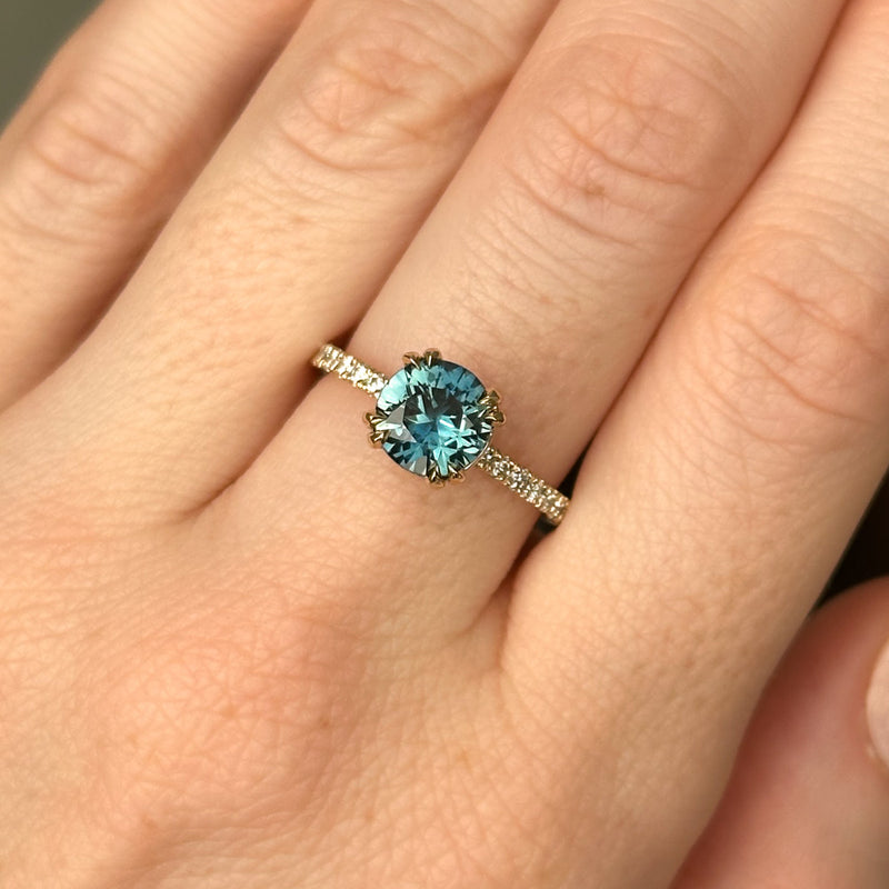 1.58ct Round Teal Sapphire Double Prong Solitaire with French Set Diamonds in 14k Yellow Gold