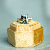 6.19ct Untreated Teal Radiant Cut Sapphire and Double Band 4 Prong Stackable Solitaire in 18k Yellow Gold