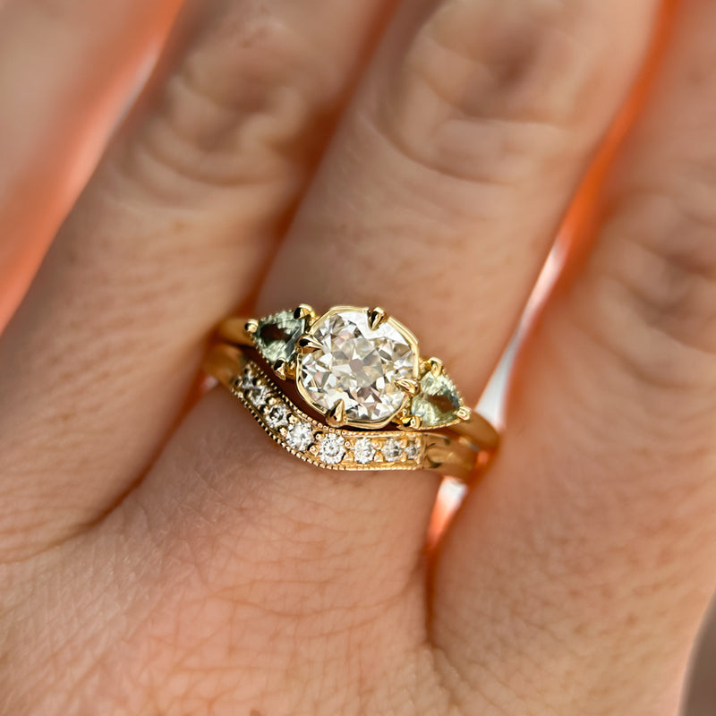 0.96ct Antique Old Mine Cut Diamond and Trillion Seafoam Montana Sapphire Antique Style Compass Set Low Profile Ring with Milgrain in 18k Yellow Gold