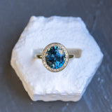 4.56ct Oval Blue Montana Sapphire "Corona" Style Halo Stackable Ring in 18k Yellow Gold