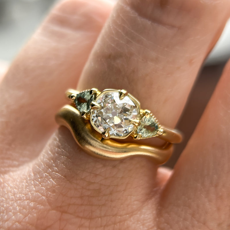 0.96ct Antique Old Mine Cut Diamond and Trillion Seafoam Montana Sapphire Antique Style Compass Set Low Profile Ring with Milgrain in 18k Yellow Gold