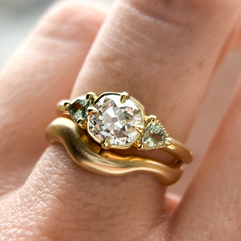 0.96ct Antique Old Mine Cut Diamond and Trillion Seafoam Montana Sapphire Antique Style Compass Set Low Profile Ring with Milgrain in 18k Yellow Gold