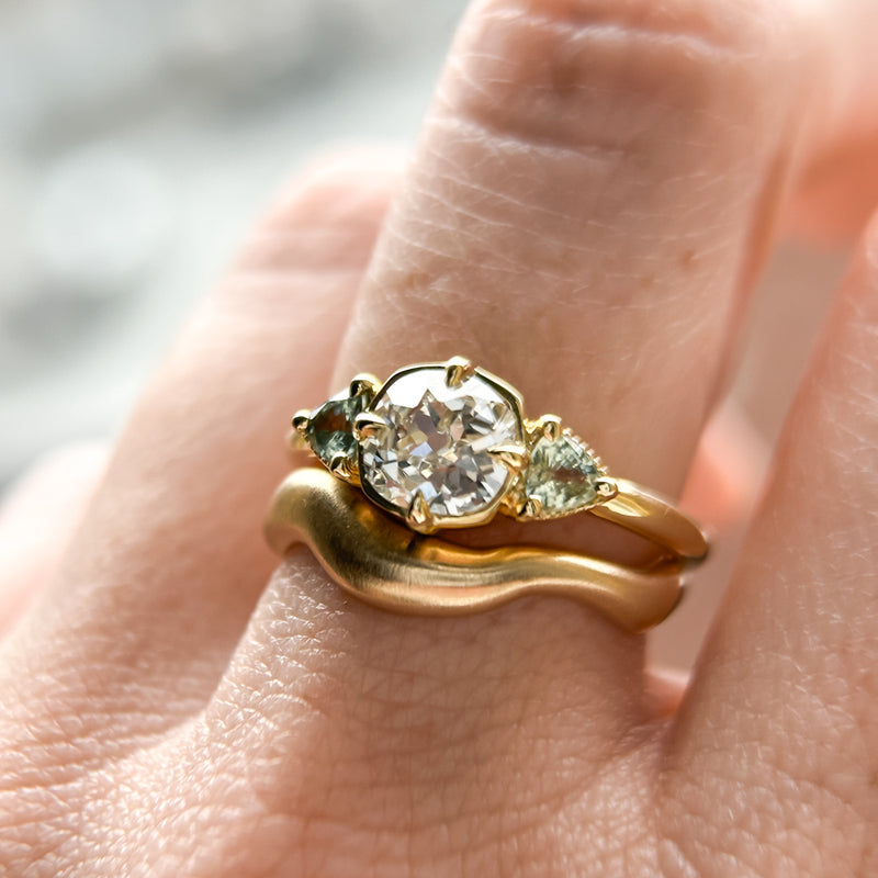 0.96ct Antique Old Mine Cut Diamond and Trillion Seafoam Montana Sapphire Antique Style Compass Set Low Profile Ring with Milgrain in 18k Yellow Gold