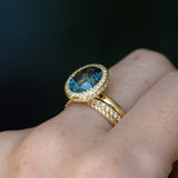 4.56ct Oval Blue Montana Sapphire "Corona" Style Halo Stackable Ring in 18k Yellow Gold