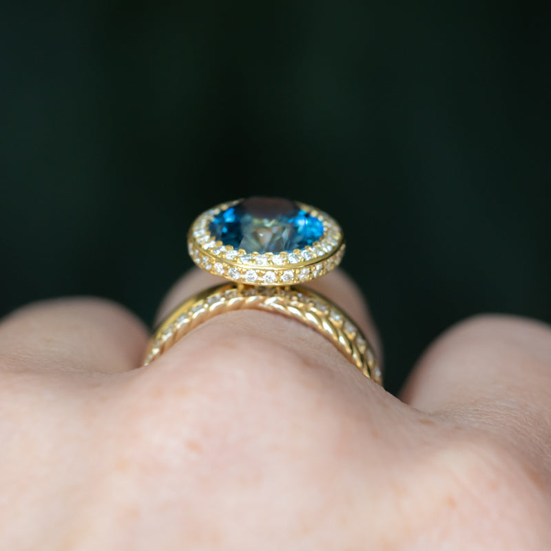 4.56ct Oval Blue Montana Sapphire "Corona" Style Halo Stackable Ring in 18k Yellow Gold