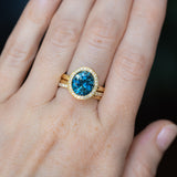 4.56ct Oval Blue Montana Sapphire "Corona" Style Halo Stackable Ring in 18k Yellow Gold