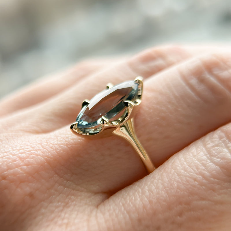 3.16ct Unheated Madagascar Marquise Sapphire Low Profile 6 Prong Solitaire in 14k Yellow Gold