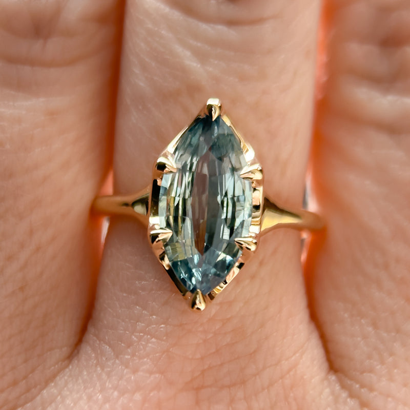 3.16ct Unheated Madagascar Marquise Sapphire Low Profile 6 Prong Solitaire in 14k Yellow Gold