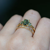 1.30ct Emerald Cut Madagascar Sapphire and  0.98ctw Montana Sapphire Three Stone Low Profile Ring in 18k Yellow Gold