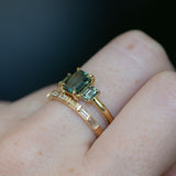 1.30ct Emerald Cut Madagascar Sapphire and  0.98ctw Montana Sapphire Three Stone Low Profile Ring in 18k Yellow Gold