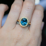 4.56ct Oval Blue Montana Sapphire "Corona" Style Halo Stackable Ring in 18k Yellow Gold