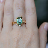 4.08ct Emerald Cut Green Sapphire and Diamond Vintage Cathedral Double Prong Ring in 18k Yellow Gold