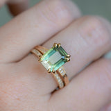 4.08ct Emerald Cut Green Sapphire and Diamond Vintage Cathedral Double Prong Ring in 18k Yellow Gold