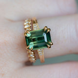 4.08ct Emerald Cut Green Sapphire and Diamond Vintage Cathedral Double Prong Ring in 18k Yellow Gold