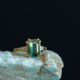 4.08ct Emerald Cut Green Sapphire and Diamond Vintage Cathedral Double Prong Ring in 18k Yellow Gold