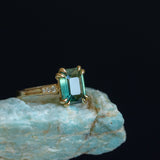 4.08ct Emerald Cut Green Sapphire and Diamond Vintage Cathedral Double Prong Ring in 18k Yellow Gold