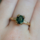 2.96ct Emerald Cut Deep Teal Green Sapphire and Diamond Vintage Cathedral Double Prong Ring in 14k Yellow Gold