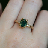 2.96ct Emerald Cut Deep Teal Green Sapphire and Diamond Vintage Cathedral Double Prong Ring in 14k Yellow Gold