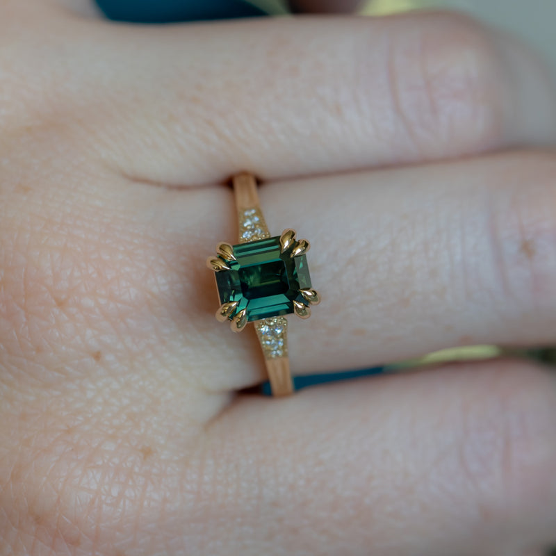 2.96ct Emerald Cut Deep Teal Green Sapphire and Diamond Vintage Cathedral Double Prong Ring in 14k Yellow Gold