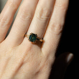 2.96ct Emerald Cut Deep Teal Green Sapphire and Diamond Vintage Cathedral Double Prong Ring in 14k Yellow Gold