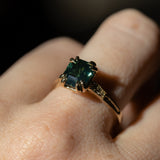 2.96ct Emerald Cut Deep Teal Green Sapphire and Diamond Vintage Cathedral Double Prong Ring in 14k Yellow Gold