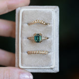 2.96ct Emerald Cut Deep Teal Green Sapphire and Diamond Vintage Cathedral Double Prong Ring in 14k Yellow Gold