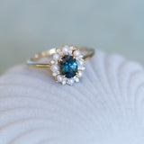 1.01ct Oval Nigerian Sapphire Low Profile Diamond and Pearl Halo Ring in 14k Yellow Gold