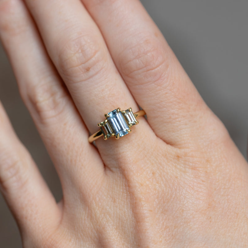 1.22ct Emerald Cut Untreated Montana Sapphire and Montana Sapphire Sides Three Stone Ring in 18k Yellow Gold